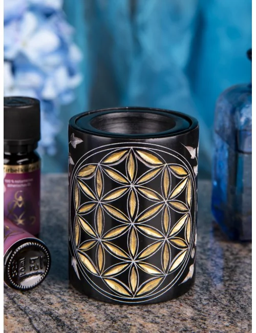 Aromalampe - Blume des Lebens - Zylinder - Speckstein-schwarz/gold -7,5x5,5cm