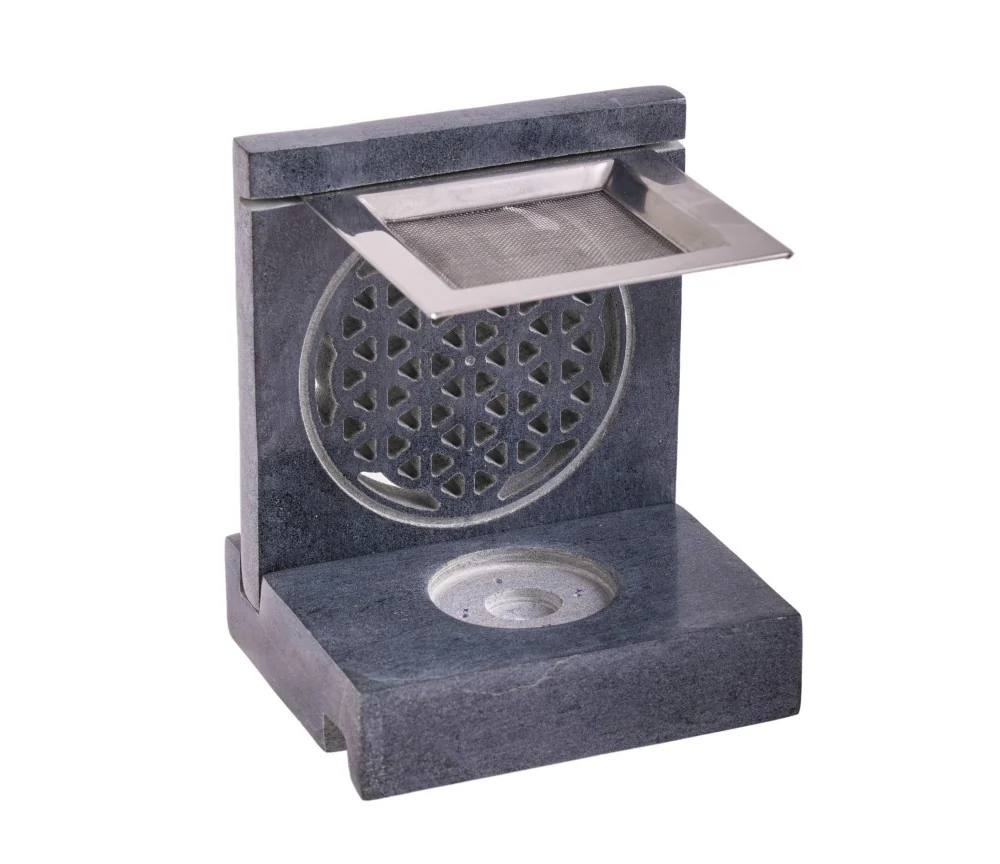 Räuchergefäß - Blume des Lebens - mit Sieb für Teelichter -4eckig - Speckstein