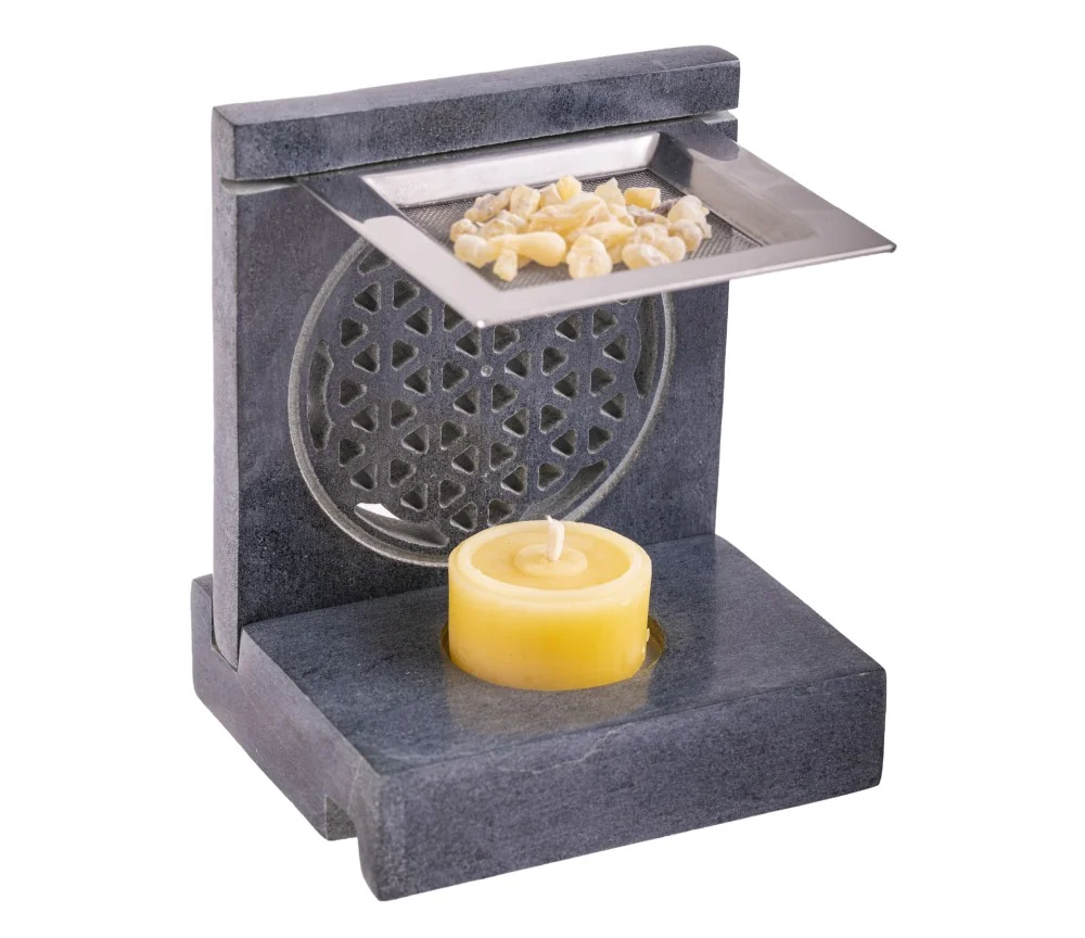 Räuchergefäß - Blume des Lebens - mit Sieb für Teelichter -4eckig - Speckstein