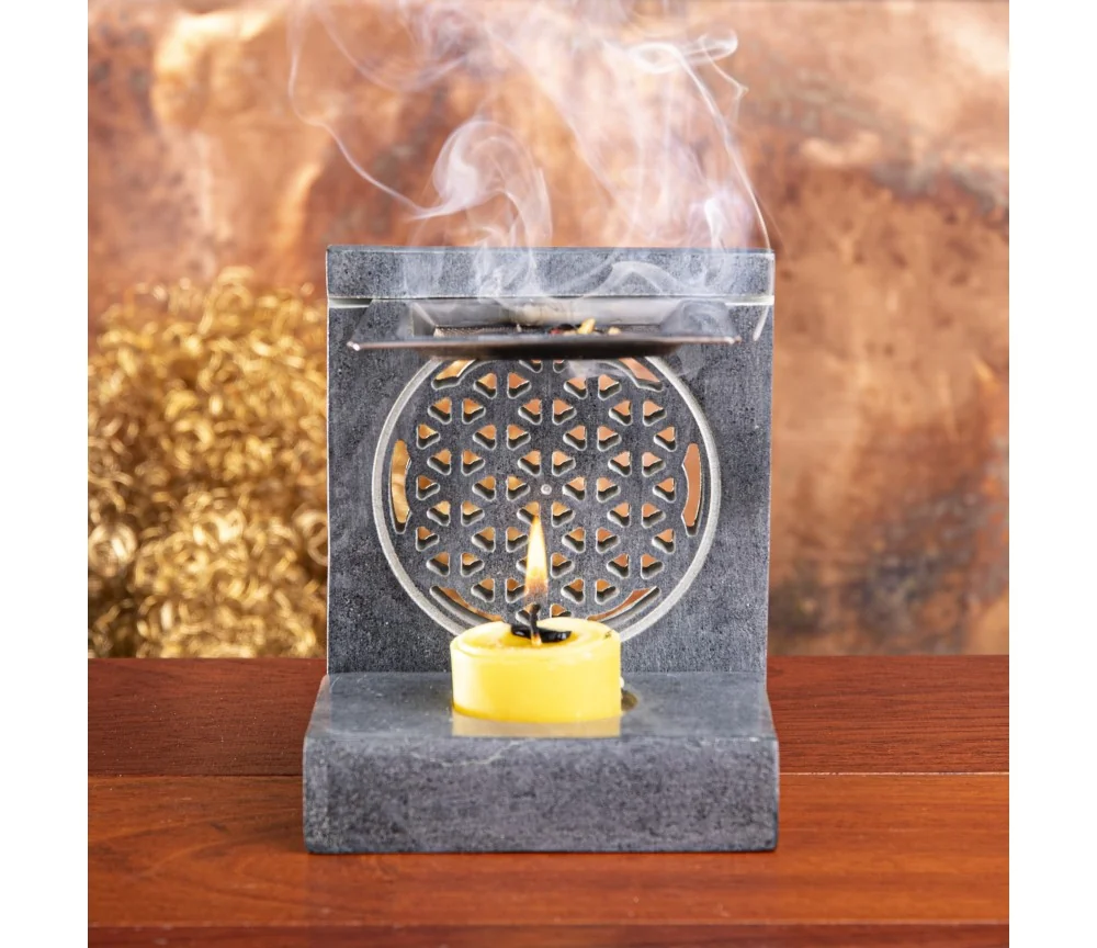 Räuchergefäß - Blume des Lebens - mit Sieb für Teelichter -4eckig - Speckstein