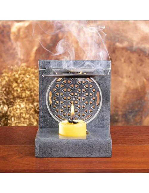 Räuchergefäß - Blume des Lebens - mit Sieb für Teelichter -4eckig - Speckstein