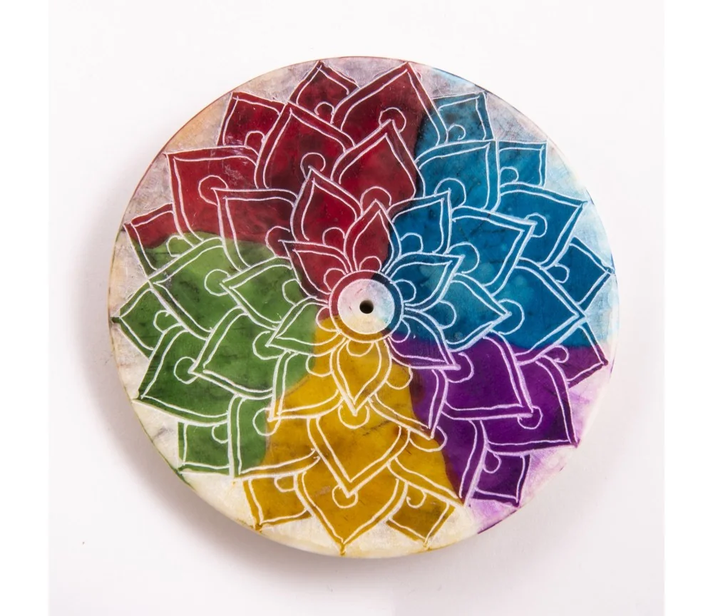 Räucherstäbchenhalter - Regenbogen Mandala - Speckstein - rund - 7,5cm