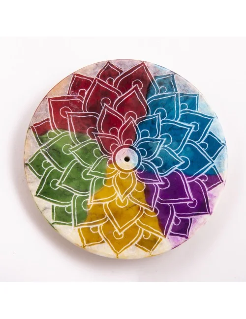 Räucherstäbchenhalter - Regenbogen Mandala - Speckstein - rund - 7,5cm