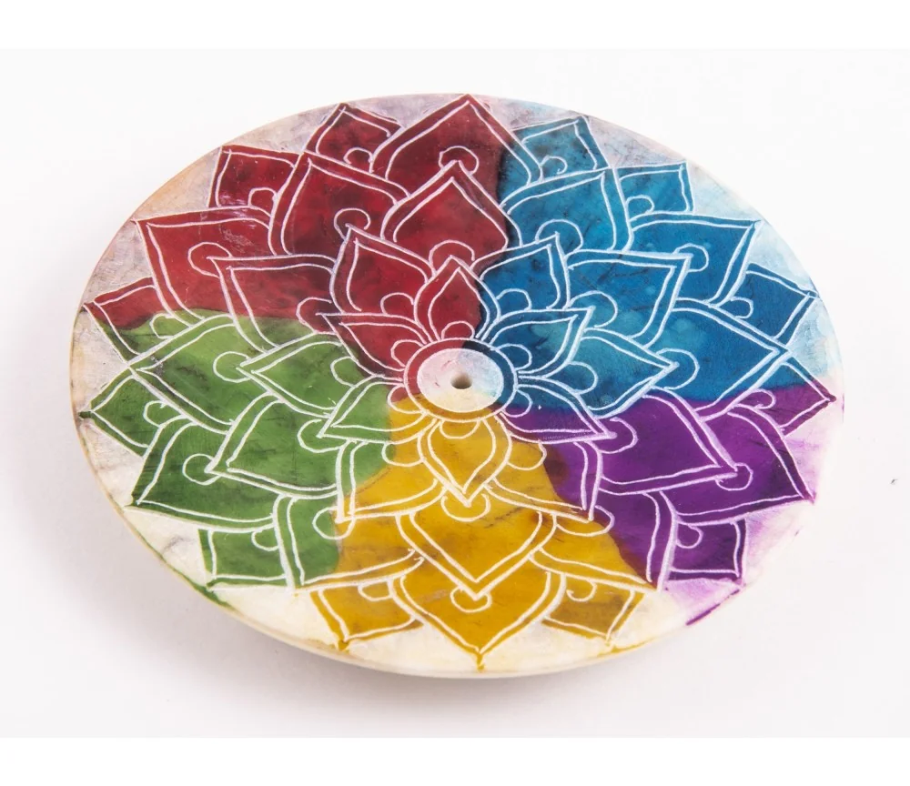 Räucherstäbchenhalter - Regenbogen Mandala - Speckstein - rund - 7,5cm