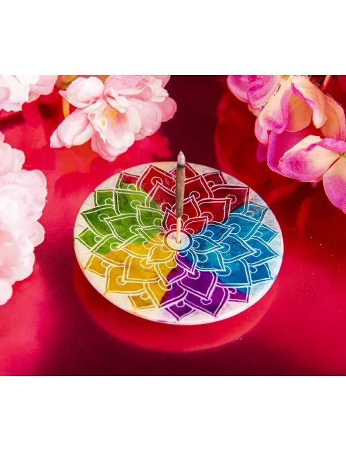 Räucherstäbchenhalter - Regenbogen Mandala - Speckstein - rund - 7,5cm