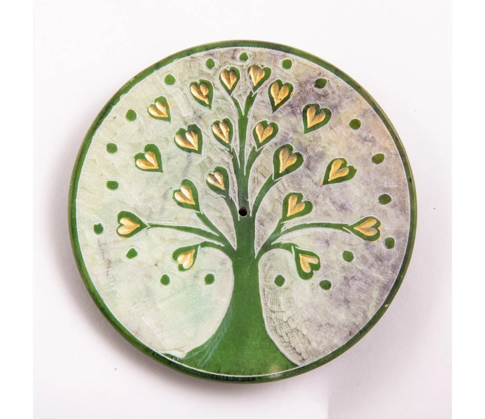 Räucherstäbchenhalter - Lebensbaum Herzchen - grün - rund - 7,5cm