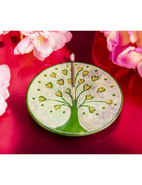 Räucherstäbchenhalter - Lebensbaum Herzchen - grün - rund - 7,5cm