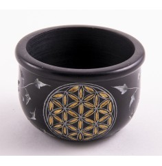 Räucherschale - Blume des Lebens - schwarz - gold aus Speckstein