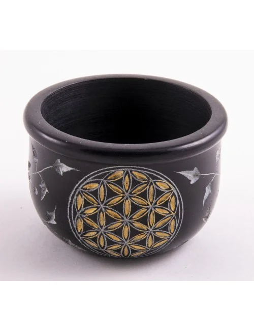 Räucherschale - Blume des Lebens - schwarz - gold aus Speckstein