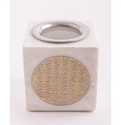 Räuchergefäß & Aromalampe - 2in1- Blume des Lebens gold mit Sieb - Marmor