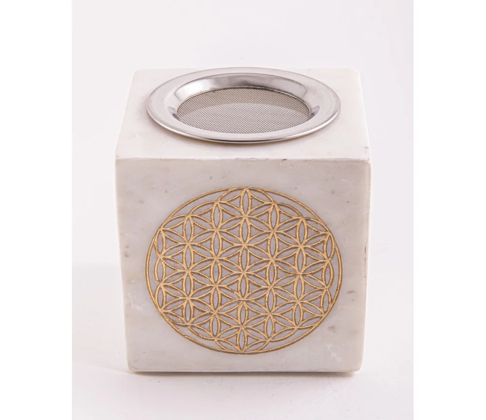 Räuchergefäß & Aromalampe - 2in1- Blume des Lebens gold mit Sieb - Marmor