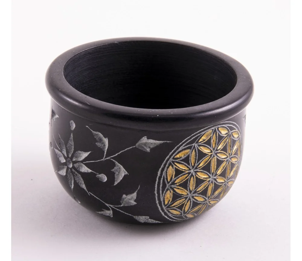 Räucherschale - Blume des Lebens - schwarz - gold aus Speckstein