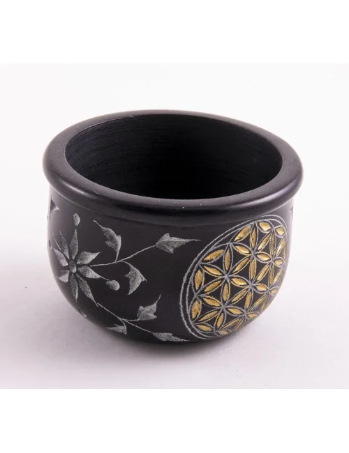 Räucherschale - Blume des Lebens - schwarz - gold aus Speckstein