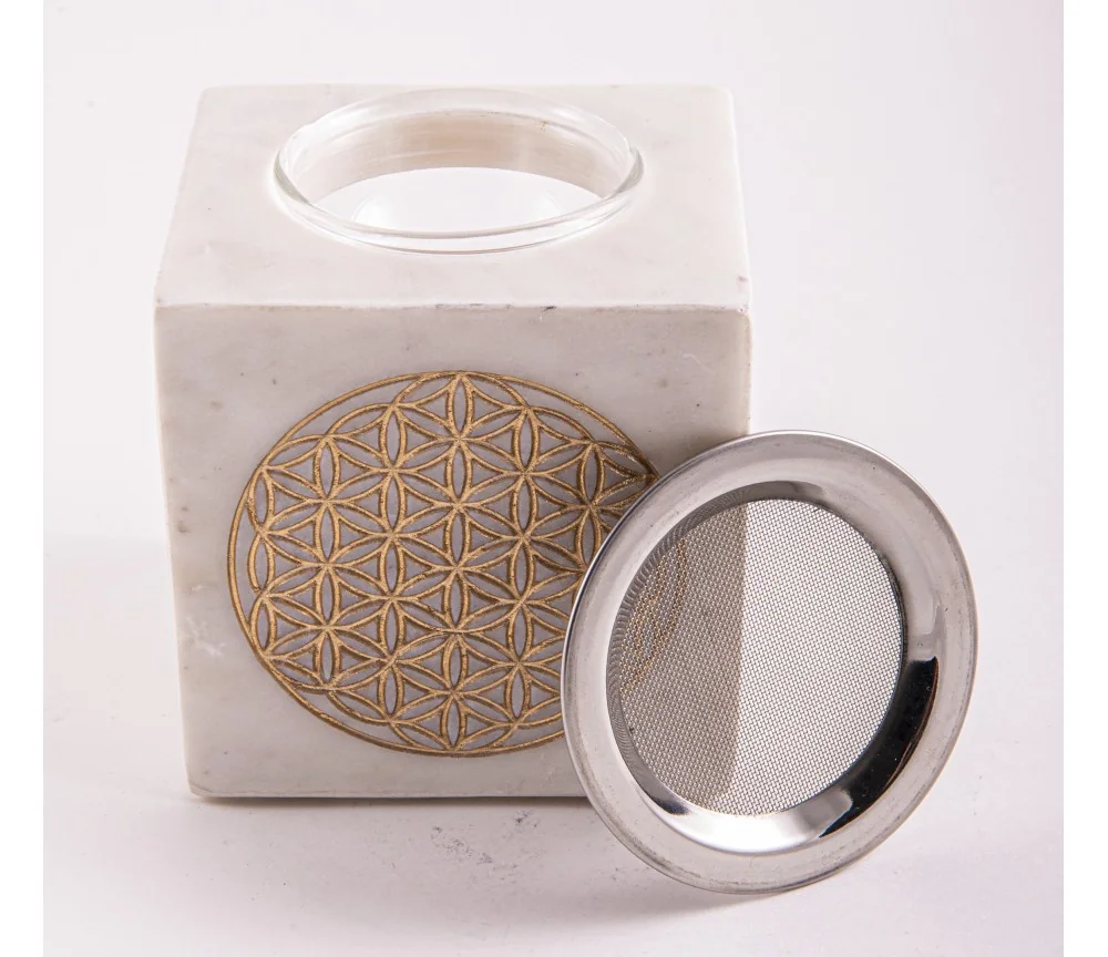 Räuchergefäß & Aromalampe - 2in1- Blume des Lebens gold mit Sieb - Marmor