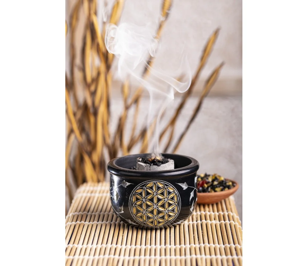 Räucherschale - Blume des Lebens - schwarz - gold aus Speckstein