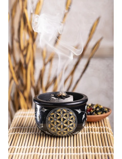 Räucherschale - Blume des Lebens - schwarz - gold aus Speckstein