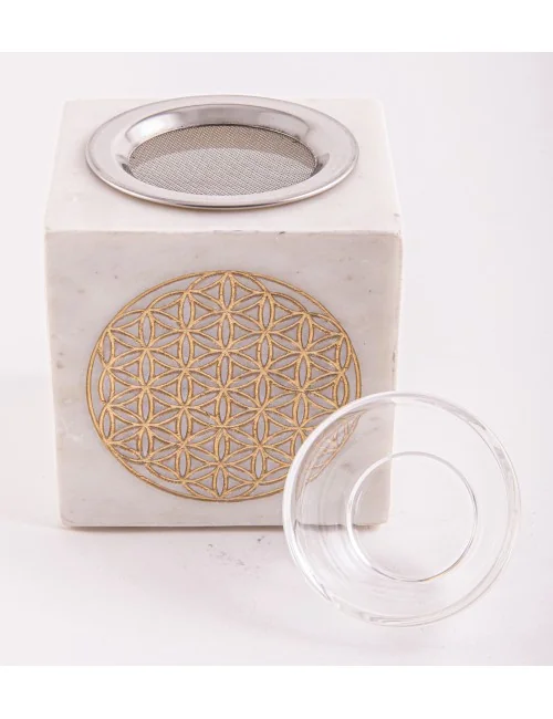 Räuchergefäß & Aromalampe - 2in1- Blume des Lebens gold mit Sieb - Marmor
