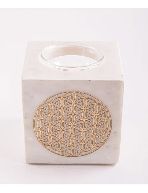 Räuchergefäß & Aromalampe - 2in1- Blume des Lebens gold mit Sieb - Marmor