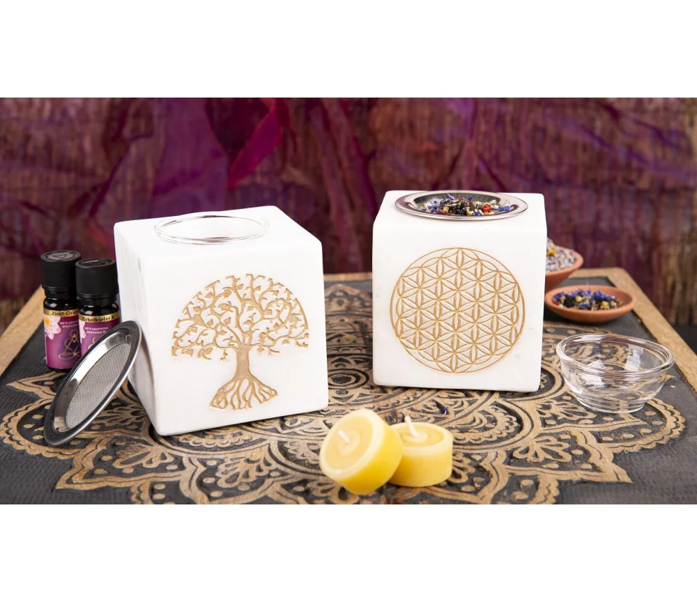 Räuchergefäß & Aromalampe - 2in1- Blume des Lebens gold mit Sieb - Marmor