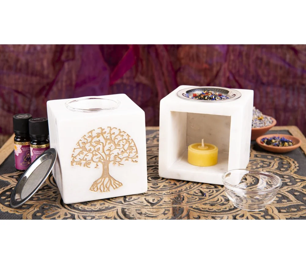 Räuchergefäß & Aromalampe - 2in1- Lebensbaum gold mit Sieb - Marmor