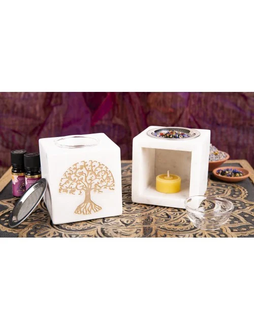 Räuchergefäß & Aromalampe - 2in1- Lebensbaum gold mit Sieb - Marmor