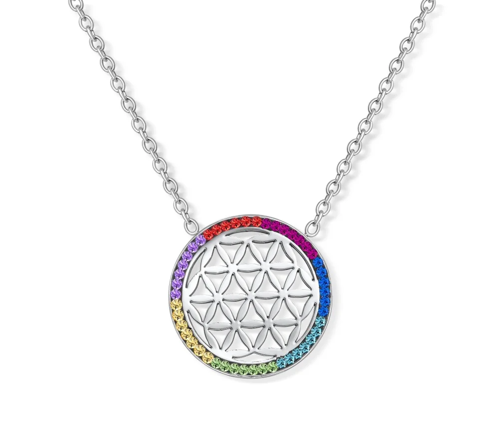 Kette mit Anhänger - Blume des Lebens im Chakrarad, Edelstahl - 45 cm