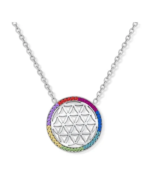 Kette mit Anhänger - Blume des Lebens im Chakrarad, Edelstahl - 45 cm