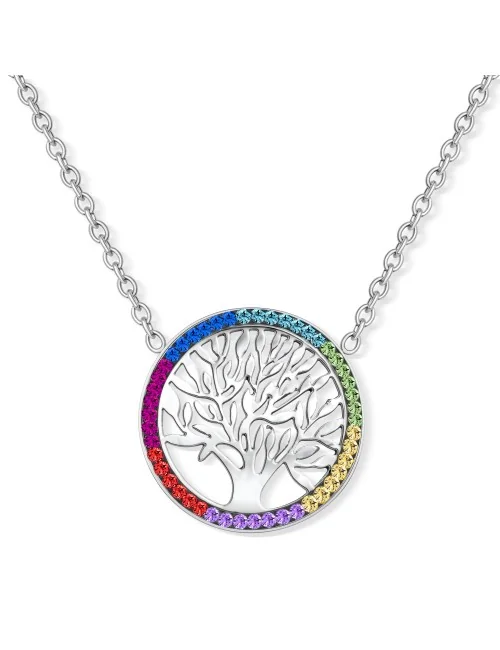 Kette mit Anhänger - Lebensbaum im Chakrarad, Edelstahl - 45 cm