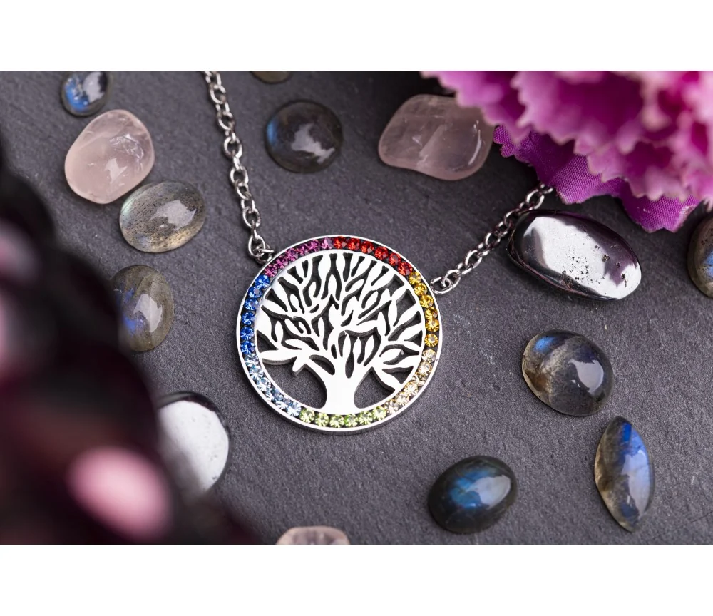 Kette mit Anhänger - Lebensbaum im Chakrarad, Edelstahl - 45 cm