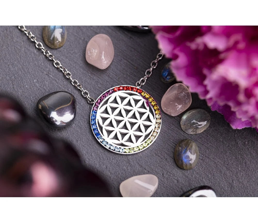 Kette mit Anhänger - Blume des Lebens im Chakrarad, Edelstahl - 45 cm