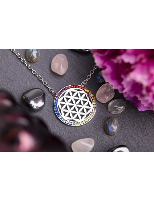 Kette mit Anhänger - Blume des Lebens im Chakrarad, Edelstahl - 45 cm