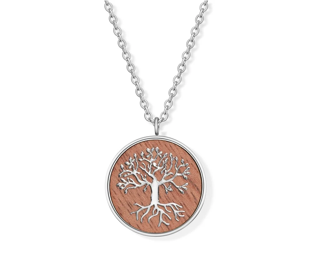 Kette mit Anhänger - Lebensbaum auf Walnussholz, Edelstahl -45cm