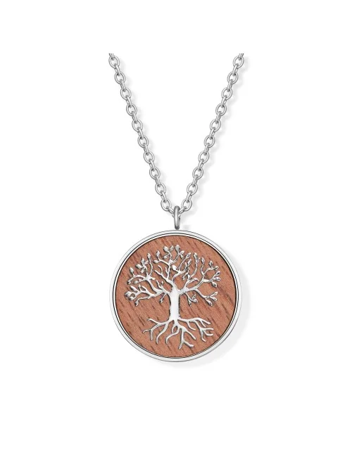 Kette mit Anhänger - Lebensbaum auf Walnussholz, Edelstahl -45cm