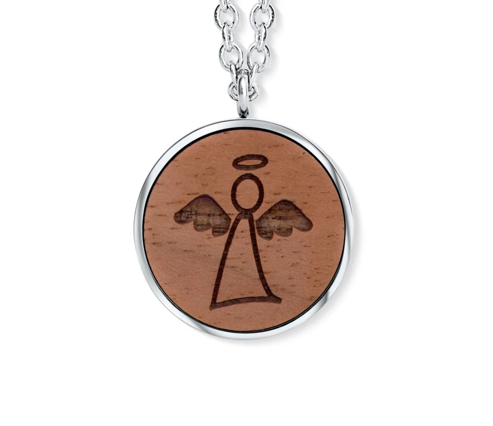 Kette mit Anhänger - Schutzengelchen auf Walnussholz, Edelstahl - 45 cm