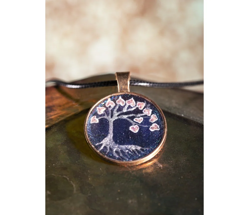 Kette mit Anhänger - Baum des Lebens, handgemalt, Edelstahl-45cm