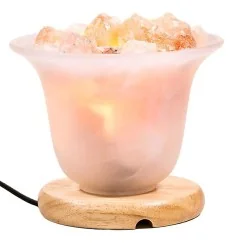 Lampe - Salzkristall - Tulpenform-Glasschale auf Holzsockel