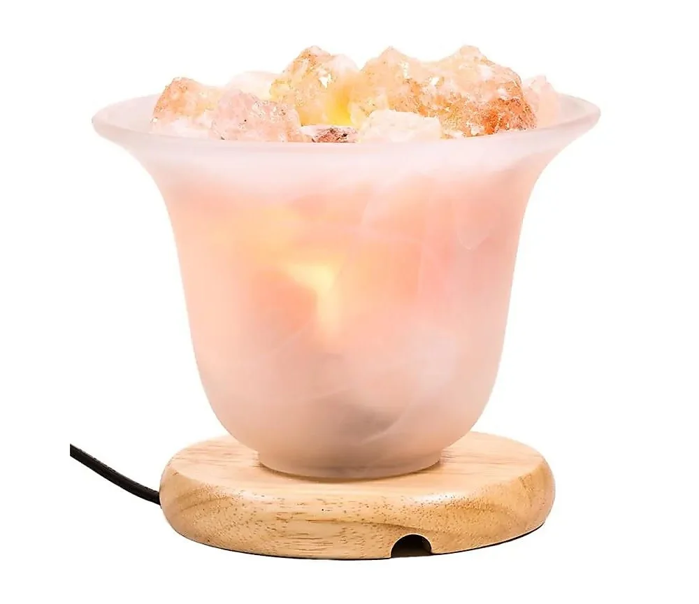 Lampe - Salzkristall - Tulpenform-Glasschale auf Holzsockel