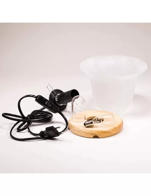 Lampe - Salzkristall - Tulpenform-Glasschale auf Holzsockel