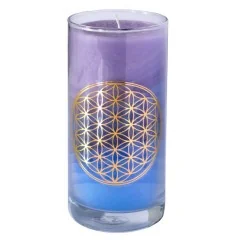Kerze -Blume des Lebens gold - Sky - im Glas- Stearin 14cm
