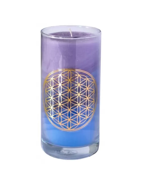 Kerze -Blume des Lebens gold - Sky - im Glas- Stearin 14cm
