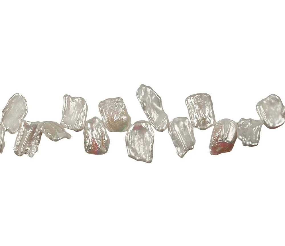 Heilstein & Edelstein-Strang - flach, Süßwasser-Perle weiß, ca. 08 - 12 x 14 - 20 x 03 - 04mm