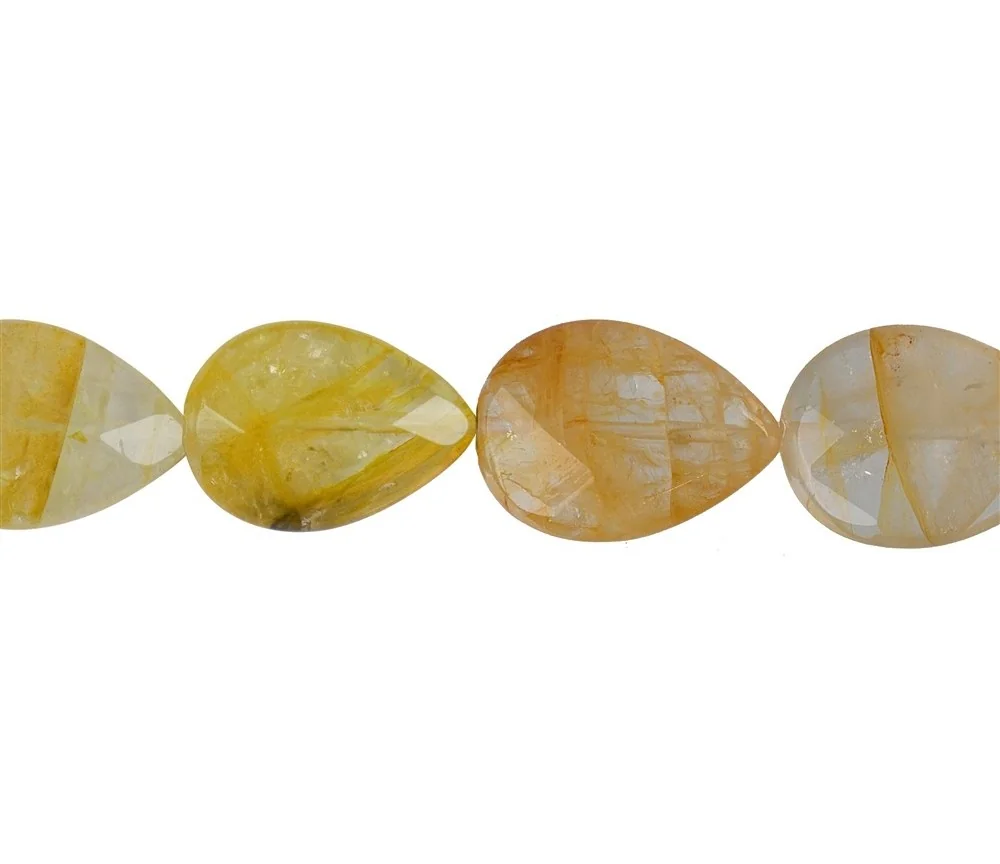 Heilstein & Edelstein-Strang - Tropfen flach, Eisenkiesel (gelb), facettiert, 25 x 18mm