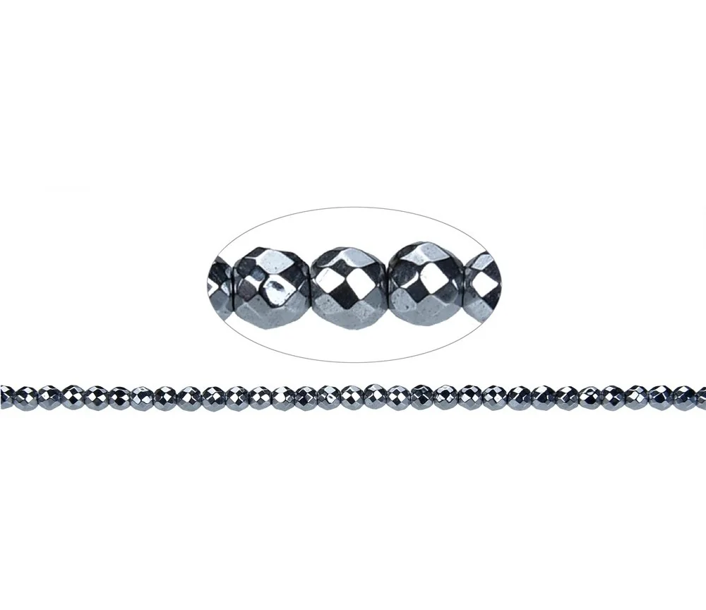 Heilstein & Edelstein-Strang - Kugeln, Hämatin silber (gef.), facettiert, 02mm