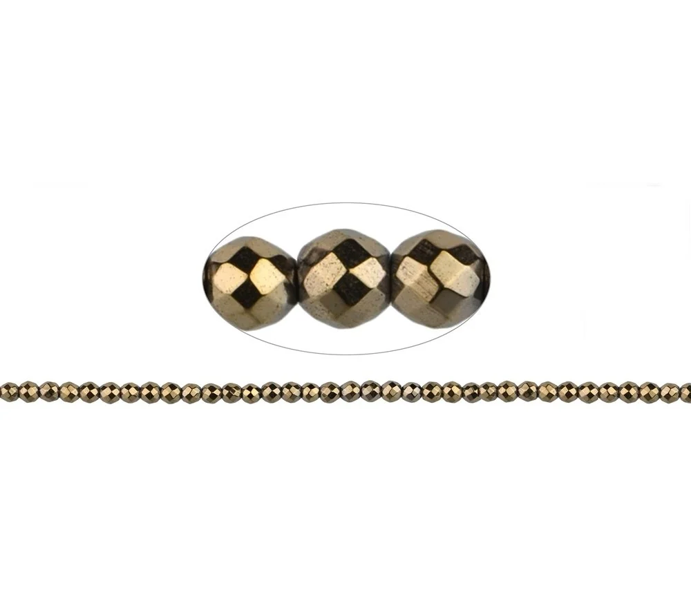 Heilstein & Edelstein-Strang - Kugeln, Hämatin gold (gef.), facettiert 02mm