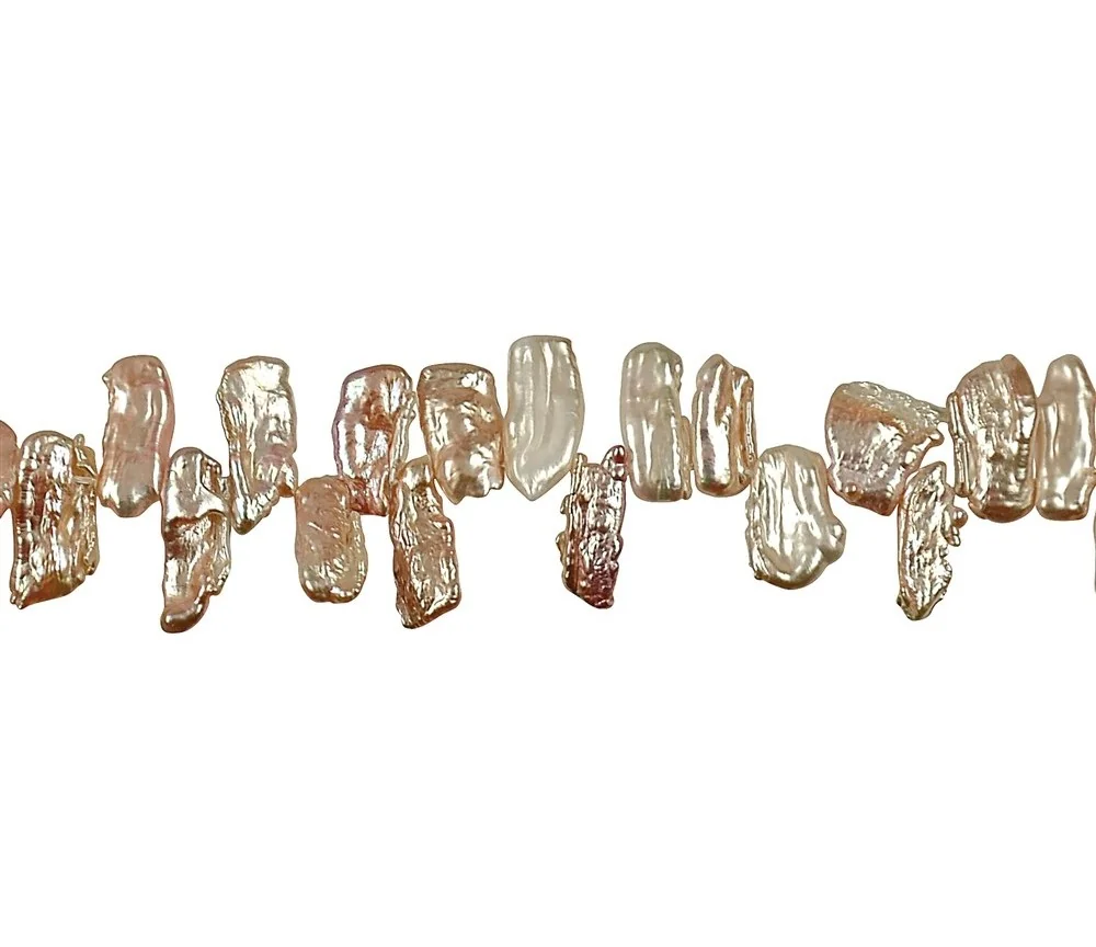 Heilstein & Edelstein-Strang - flach, Süßwasser-Perle orange-rosa (natur), ca. 08-12 x 14-20mm