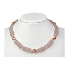 Halskette - Collier - Rosenquarz, Bergkristall, Muschelkernperle ( Rosa-Pink ), 45 - 51cm
