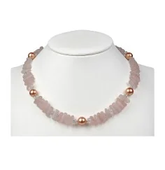 Halskette - Collier - Rosenquarz, Bergkristall, Muschelkernperle ( Rosa-Pink ), 45 - 51cm
