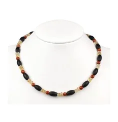 Halskette - Collier - Onyx, Jaspis, Citrin ( Schwarz-Rot-Gold ), 45 - 51cm