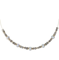 Halskette - Collier - Mondstein-Würfel, Perle, Silber vergoldet, Verlängerungskettchen