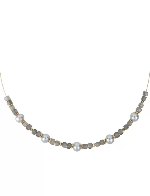 Halskette - Collier - Mondstein-Würfel, Perle, Silber vergoldet, Verlängerungskettchen